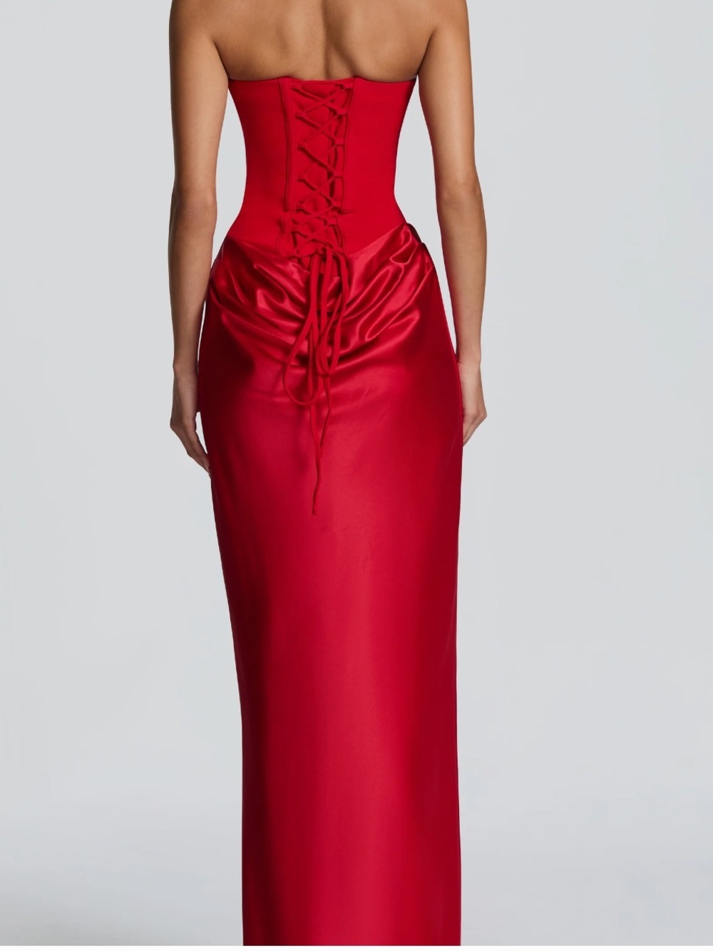 Strapless Red Maxi Gown with Draped Waist - Picture 2 of 4